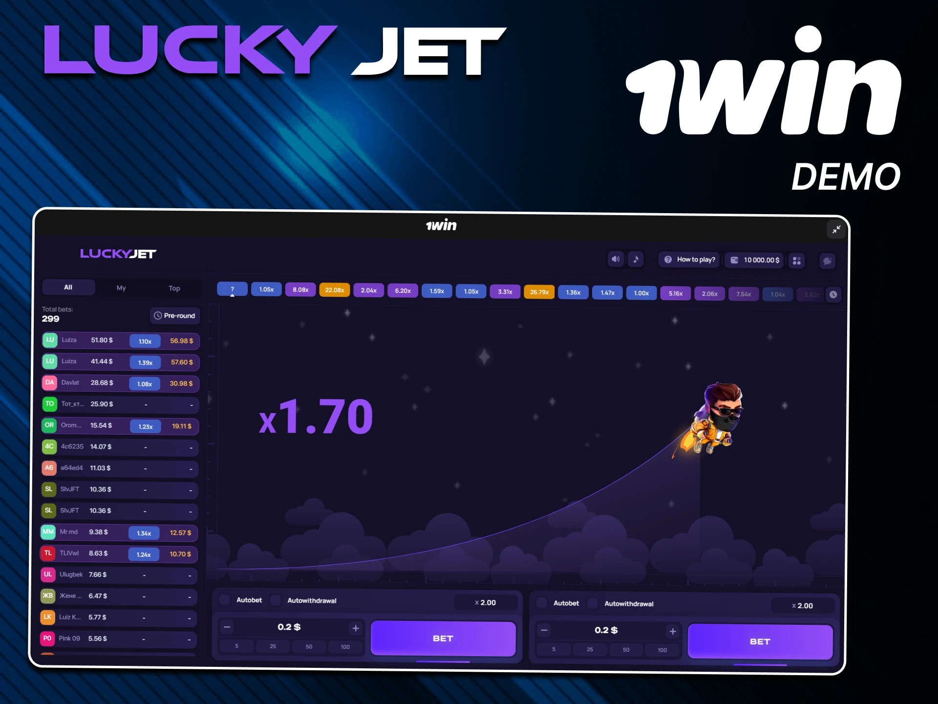 I'm practicing the demo version of the Lucky Jet game from 1win.