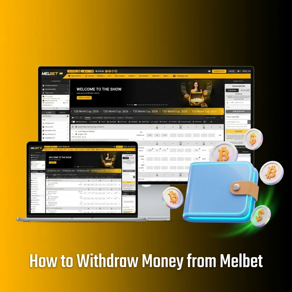 Melbet withdrawal steps showing cashier tab, payment method selection, and amount entry for Indian users